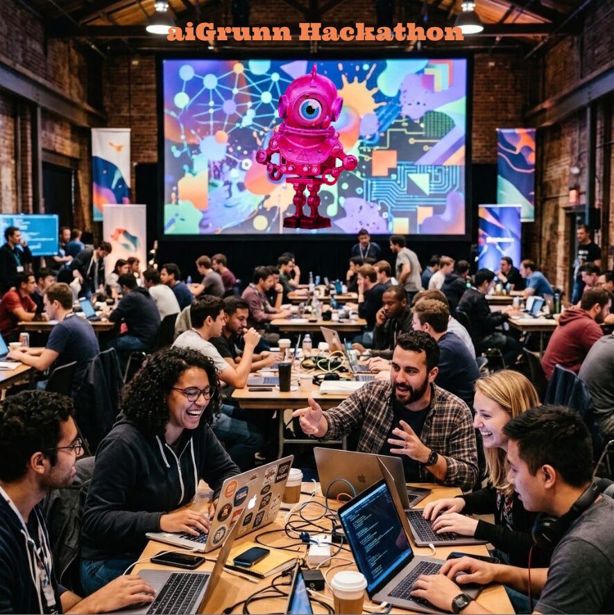 A packed hall of hackathon participants working together at long tables, with the aiGrunn robot mascot on the big screen behind them.