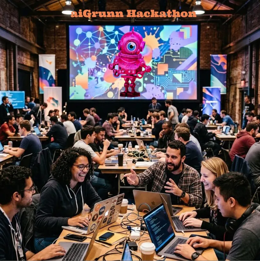 A packed hall of hackathon participants working together at long tables, with the aiGrunn robot mascot on the big screen behind them.