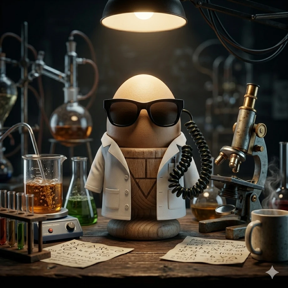 aiGrunn Academy — an egg mascot in a lab coat surrounded by science equipment